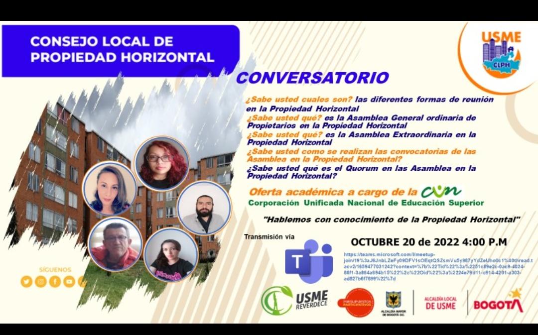 CLPHUsme's tweet photo. Este jueves 20 de octubre de 2020, a las 4:00 pm, hablaremos de *Asambleas en la Propiedad Horizontal*: - Formas de reunión -¿Cómo se realizan las convocatorias? -  Quorum - etc.  Invitado: @YoSoyCUN con el apoyo de @UsmeAlcaldia https://t.co/Aeggd79e2j