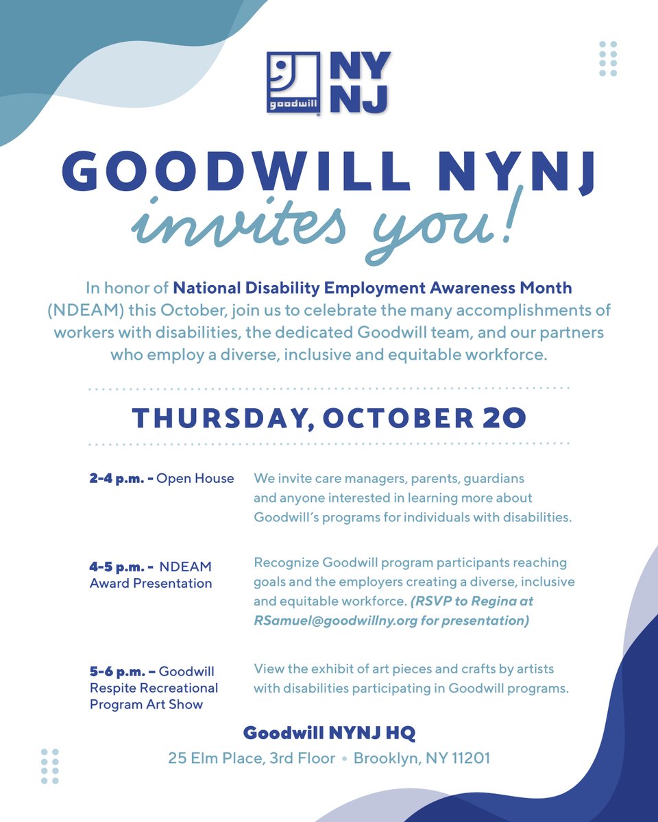 Tomorrow <a href="/GoodwillNYNJ/">Goodwill NYNJ</a> has a full afternoon of learning and celebrating our work connecting talented PWD to employment for #NDEAM.  Come for the art and stay for the #impact