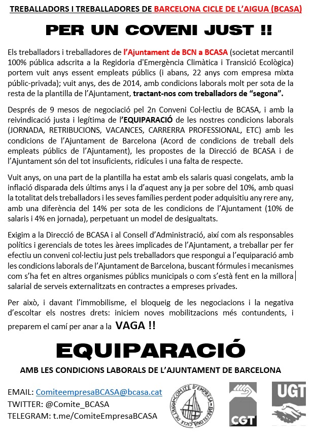Comite_BCASA's tweet photo. @jaumecollboni @AlbertDalmau @BallarinMontseK @pscbarcelona avui hem vingut a veure-us, ja no podreu dir que no en sabíeu res.

Mateixa feina, mateixes condicions laborals.

No permetrem seguir sent treballadors/es de segona de l'Ajuntament.

#EquiparacióBCASA 
#ConveniJustBCASA https://t.co/99quywKBjI