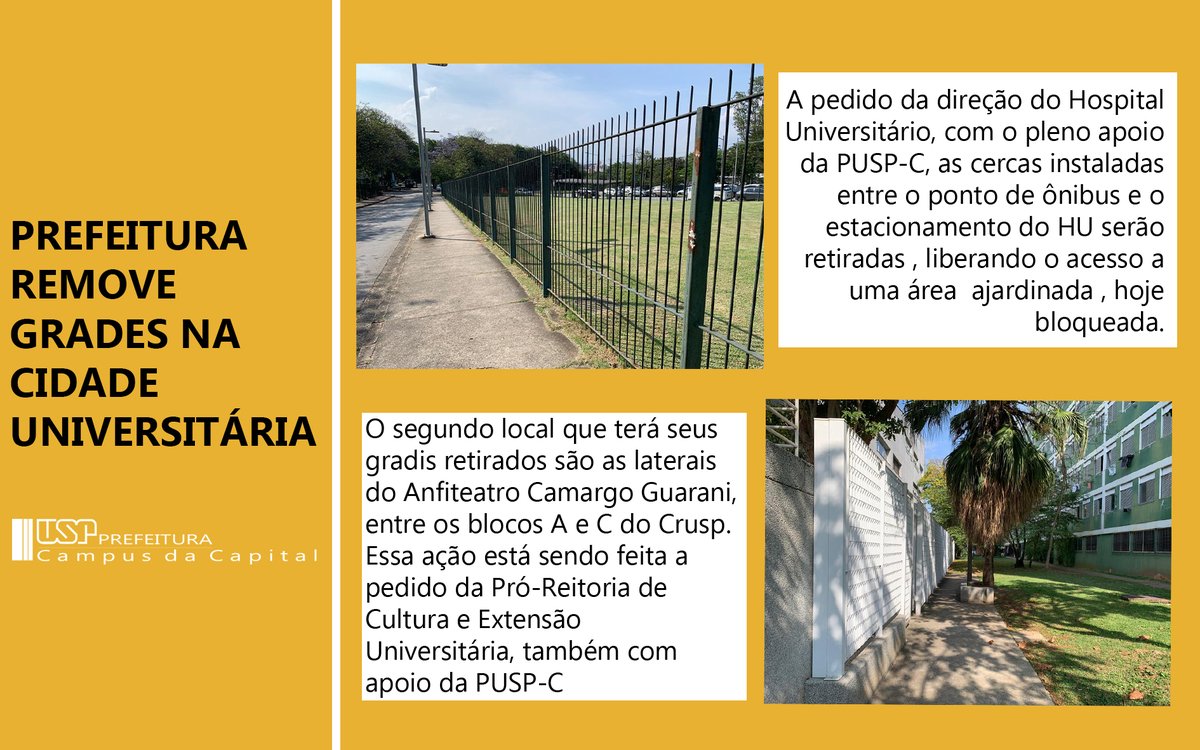 puspcapital's tweet photo. Atenção, comunidade Uspiana! 
A retirada das grades teve início na semana passada. 
#usp #cidadeuniversitária #uspianos #estudantes #alunos #uspcapital https://t.co/04IfkahX6S