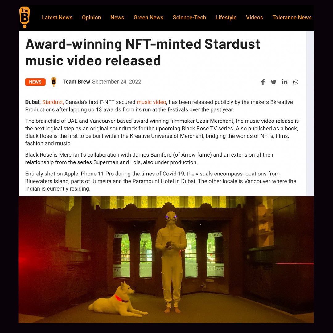 Kri8Labs's tweet photo. Celebrating the release of Stardust as Canada's First F-NFT &amp; Multiple Award Winning Music Video 🏆
According to @uzairmerchant – a production designer and filmmaker Stardust is unique from all those who are jumping on to the NFT bandwagon.
Featured on #thebrew.ae
#stardust #kri8 https://t.co/1CZo0kVg7K