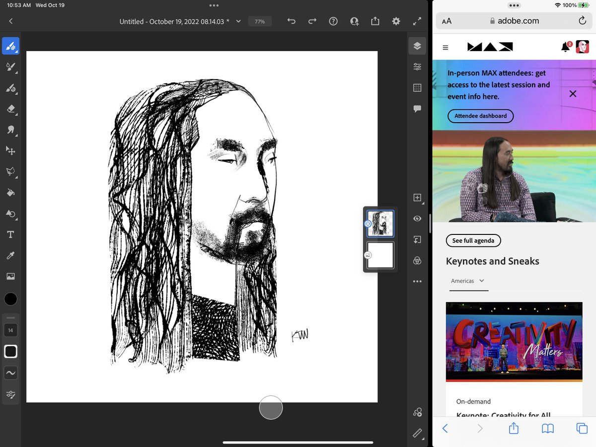 Split screen drawing @steveaoki in #AdobeFresco while watching #AdobeMAX2022 keynote.
@AdobeDrawing @adobemax