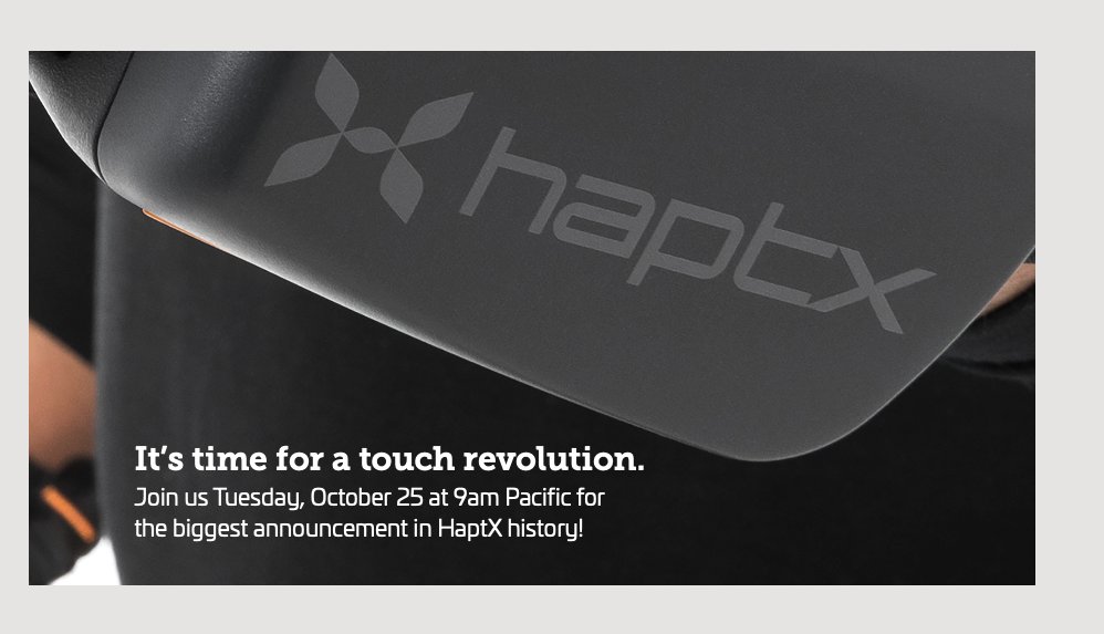 HaptX's tweet photo. #TFW when you’re about to make the biggest announcement in your company’s history. Join us Oct. 25 for a special event to witness the debut of our most highly anticipated product release yet. Register at https://t.co/Vpj8xhf1qJ - #haptics #vr #virtualreality #robotics #vrtraining https://t.co/hsbO6TTXM3