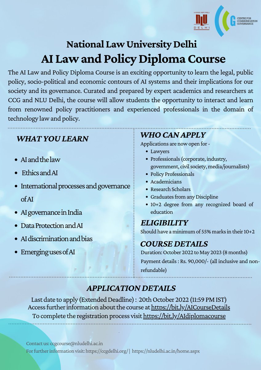 CCGNLUD's tweet photo. #LastDaytoApply
CCG is excited to open registrations for the 1st edition of the AI Law and Policy Diploma Course - an 8 month online diploma course curated and delivered by CCG & @NLUDofficial.
More details at -
https://t.co/6gcyPUSFKf
Applications open till 20 Oct!
Apply Now! https://t.co/6Np0dDGeZc