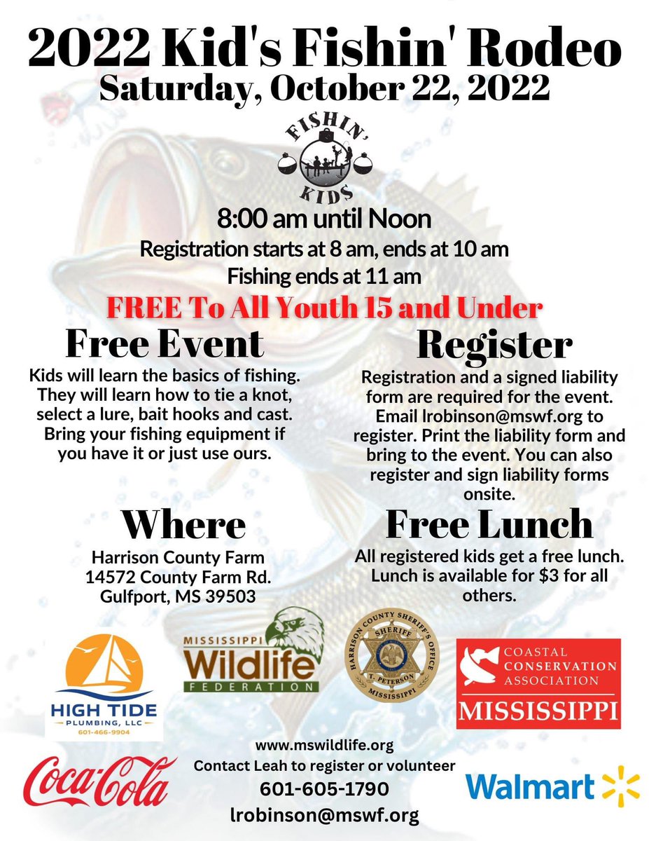 Come join the Mississippi Wildlife Federation and our partners for a FREE Kids’s Fishin’ Rodeo on Saturday at the County Farm ponds in Gulfport.  Rods, tackle, bait and lunch provided for youth anglers. Register by email at lrobinson@mswf.org.