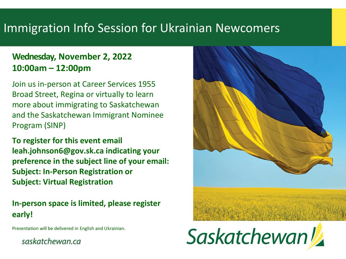 TheHrnc's tweet photo. The Provincial Government of Saskatchewan is encouraging all Ukrainian newcomers to attend the One-Stop Shop and gain access to key services upon settling here in Saskatchewan. https://t.co/d3lGLEV3gI