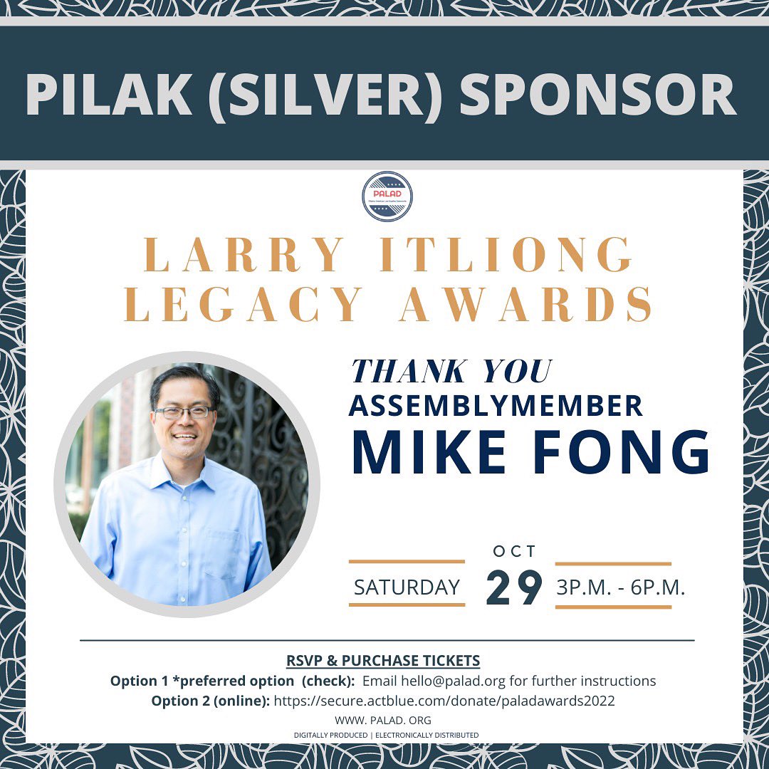 PilipinoDems's tweet photo. Thank you,@MikeFongCA , for sponsoring PALAD at the Pilak (Silver) level! Join us on Saturday, October 29th for our 2022 Larry Itliong Legacy Awards! Become a sponsor and purchase tickets to attend at https://t.co/tzdp0iVQ5b
#FAHM2022 #LarryItliong #PALAD https://t.co/JQ8YiulRg2