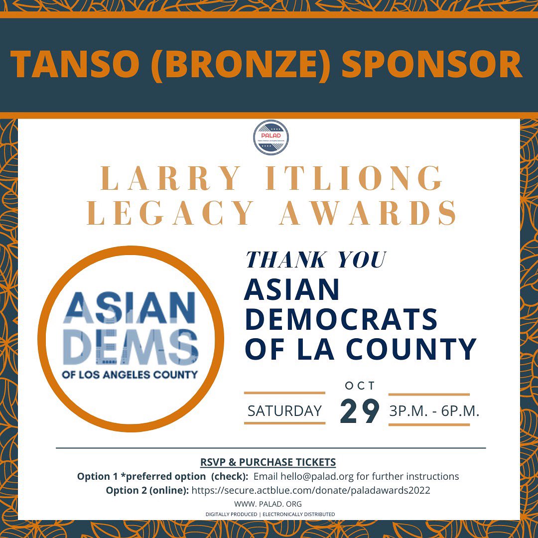 PilipinoDems's tweet photo. Thank you,@AsianDemsLA , for sponsoring PALAD at the Tanso (Bronze) level! Join us on Saturday, October 29th for our 2022 Larry Itliong Legacy Awards! Become a sponsor and purchase tickets to attend at https://t.co/tzdp0iVQ5b
#FAHM2022 #LarryItliong #PALAD https://t.co/4GS2X6VOOz