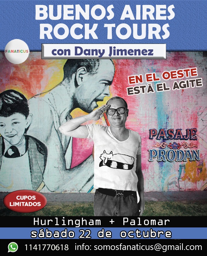 Este próximo sábado 22 desde las 15hs realizamos un nuevo "Tour de Rock" por el Oeste (Hurlingham y Palomar) para quien se lo perdió el año pasado. Visitaremos sitios históricos vinculados a Sumo, Divididos, Las Pelotas, Arco Iris, Los Piojos y mucho más. Consultas: 1141770618.