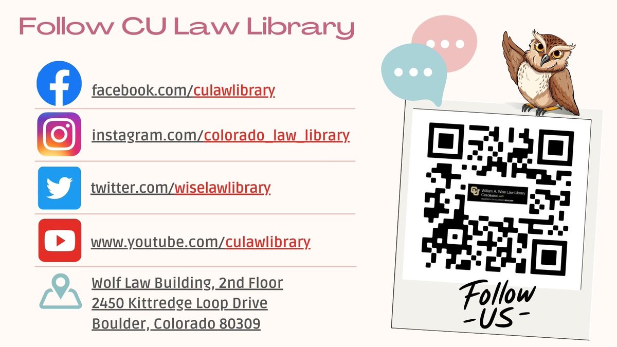 wiselawlibrary's tweet photo. Hey, all you cool Law Buffs, let's connect!
Your William A. Wise Law Library is on multiple social media platforms. Check us out! https://t.co/hAKi5nsN4L
#ColoradoLaw #LawLibrary #ColoradoLawLibrary #WiseLibrary #LegalResearch #LawStudents https://t.co/M5mGVwyFLC
