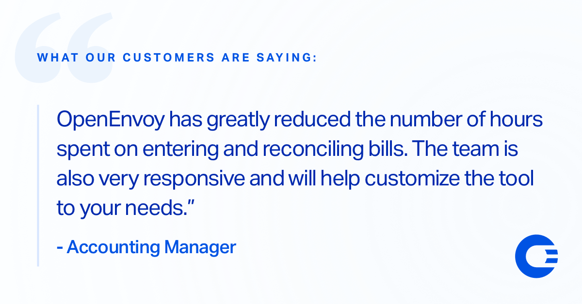 OpenEnvoy's tweet photo. Here's what our customers are saying 🎉 📩 🙌🏼

"#OpenEnvoy has greatly reduced the number of hours spent on entering and reconciling bills. The team is also very responsive and help customize the tool to your needs." - #Accounting Manager

Read more ➡️ https://t.co/IwHbnasRJd https://t.co/pmuCZ7yjUl