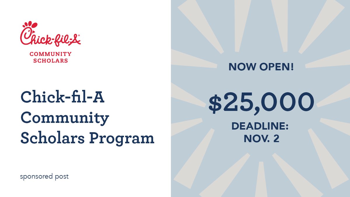 ScholAmerica's tweet photo. Just 2 weeks left to apply! If you're planning on undergraduate or graduate study at a two- or four-year college or technical school next year, apply by November 2 for a $25,000 scholarship from the @Chickfila Community Scholars program! https://t.co/rgXdomLyDB https://t.co/IJ6DE3N92e