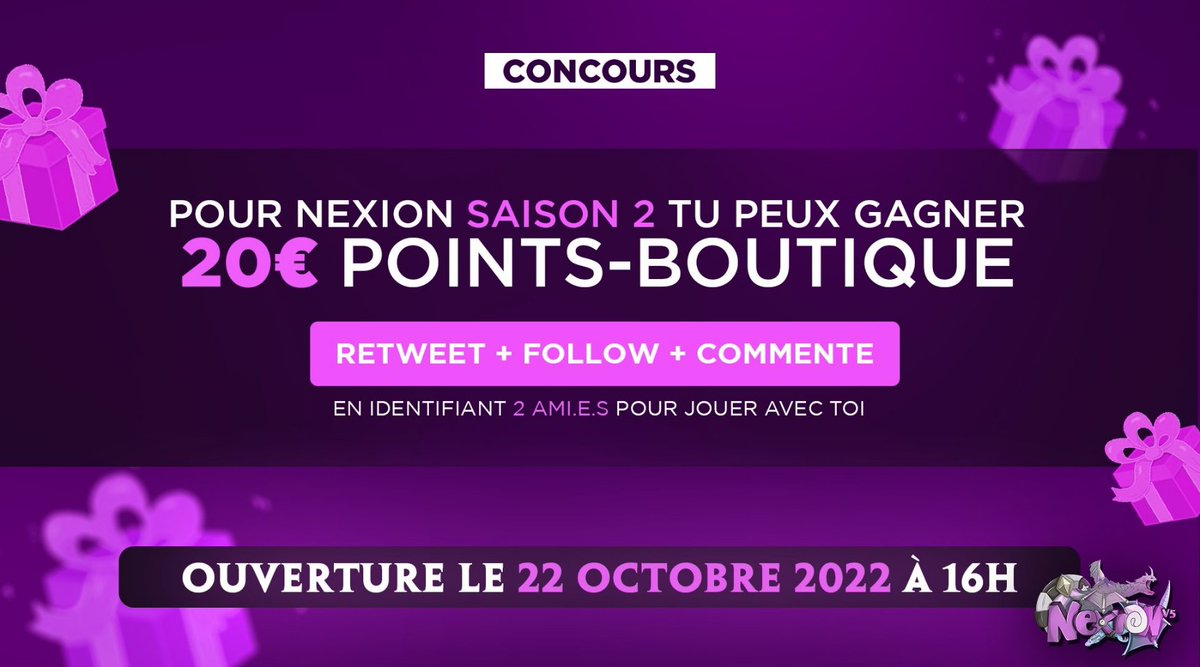PRYCE_tv's tweet image. 🎁 La nouvelle Saison de #NexionV5 arrive !

📜 Attachez vos ceintures direction l&apos;autoroute du bonheur ! 2000 points boutique sont à gagner !

Conditions :
1️⃣ Retweet + Follow 
@Nexion_FR
 &amp;amp; 
@PRYCE_tv

2️⃣ Commente #GiveawayNexionV5
3️⃣ Identifie 2 ami.e.s à toi pour jouer !