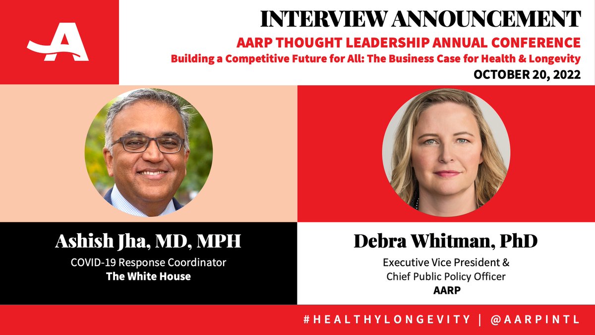 DrDebWhitman's tweet photo. What has the pandemic taught us about the importance of prioritizing #healthylongevity? Join me tomorrow Oct. 20 for a conversation with Dr. @ashishkjha to hear how both the public and private sectors can reassess their roles. https://t.co/KchseD6gGV https://t.co/FouGSrhUAD