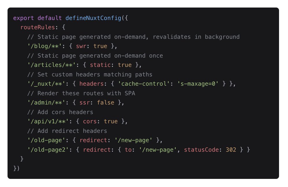 MichaelThiessen's tweet image. In @nuxt_js 3 we'll be able to configure how different routes are rendered.
SSR vs. SPA
Static (full static or incremental)
Redirects (301 or 302)
Plus some other handy configurations.
v3.nuxtjs.org/guide/concepts…