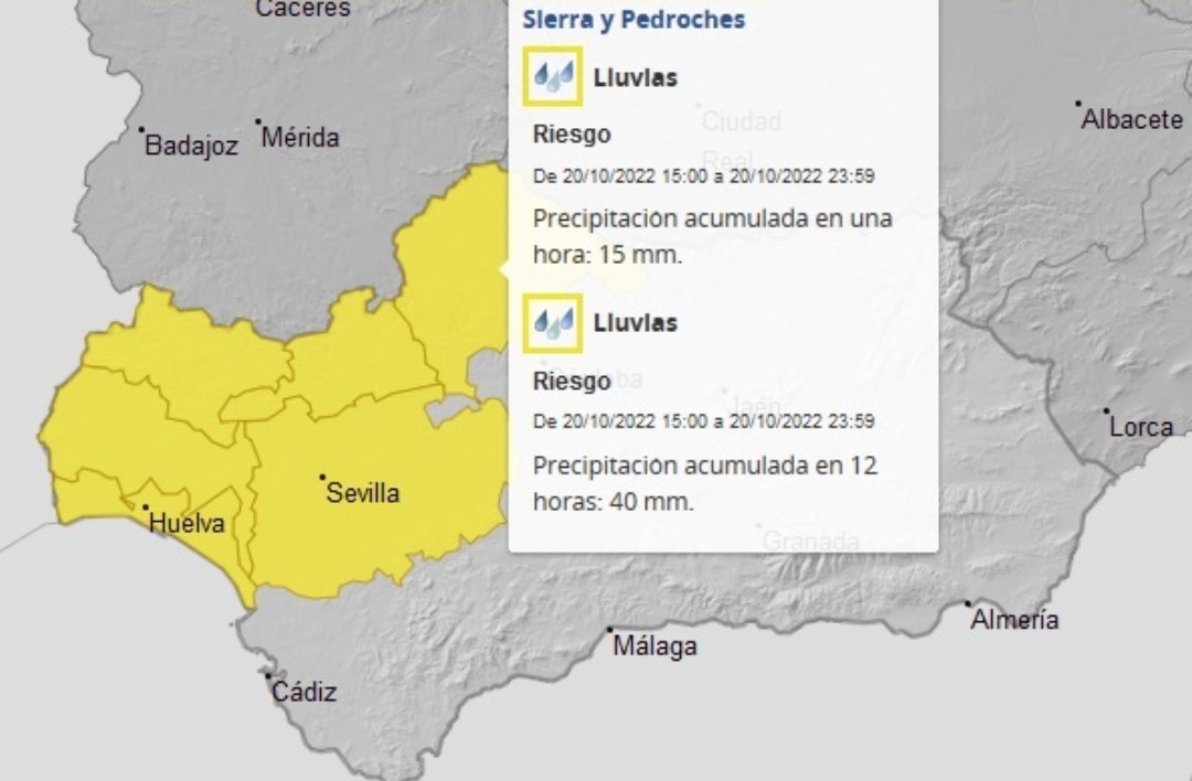 #ProtecciónCivil de #Casariche 🌧️. Para mañana día 20 se activa el aviso amarillo por precipitaciones en las provincias de #Huelva, #Sevilla y #Cordoba 
🟡  Estará vigente entre las 15.00 horas y la medianoche.
Para cualquier emergencia llame al ☎️ 112 Emergencias Andalucia