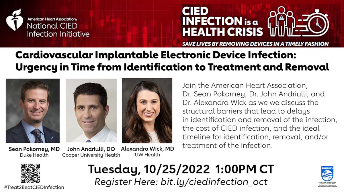 vleepjones's tweet photo. T-6 days until this last 2022 @American_Heart  #CIEDinfection webinar with Drs. @sean_pokorney, John Andriulli, and @AlexWickMD at 1pm CST on October 25th! Register here: https://t.co/IMYb8XytBV #Treat2BeatCIEDInfection #epeeps #LeadExtraction #Cardiotwitter https://t.co/f7wZ6R11Wh