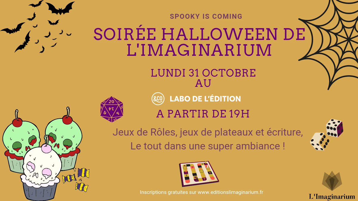 EdImaginarium's tweet photo. Imaginautes, Halloween arrive !
Pour l'occasion, L'Imaginarium vous propose une soirée Spooky le lundi 31 octobre.
Des jeux de société, de rôle et de l'écriture ! 
Lle tout dans la bonne humeur ✨ 
Rdv le 31 octobre, à partir de 19h, au Labo de L'Édition de Paris. https://t.co/hbIE4tsUVG