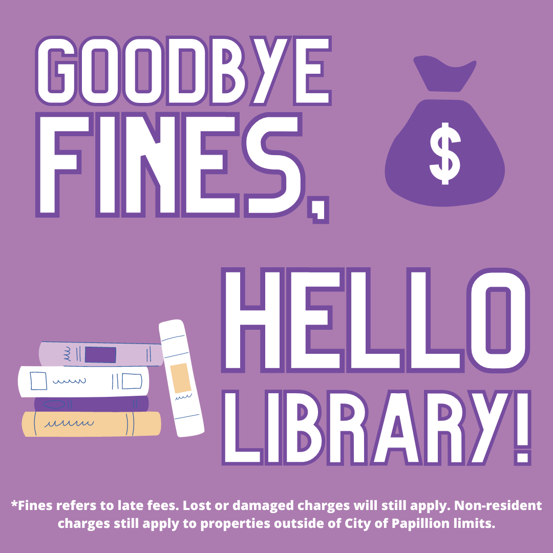 PapillionLib's tweet photo. 1/5 
There are a couple of exciting changes happening at the Library:

1.LATE FEES: The Library is no longer charging late fees! Late fees were charged on items that were overdue for return but not yet considered “Lost”. https://t.co/KNKWdRyPWW