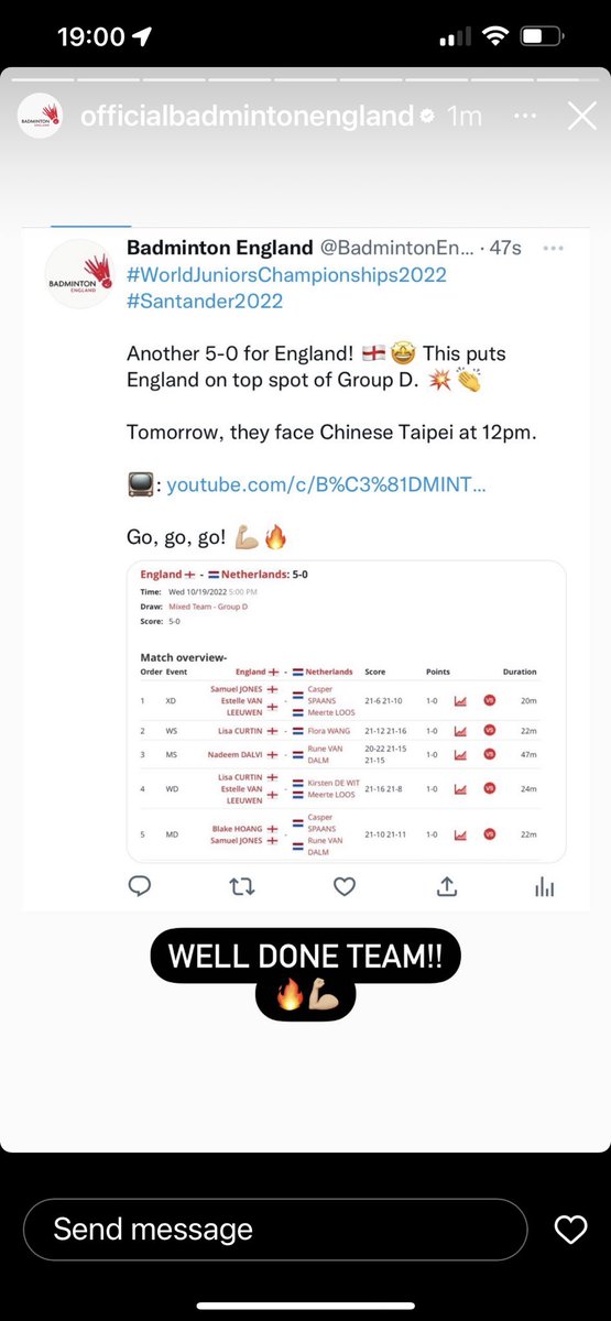 When you top the group at the u19 World Champs and play off for positions 1-8 🏸👊<a href="/MiltonKeynesBA/">Milton Keynes Badminton Academy</a> <a href="/BadmintonEnglnd/">Badminton England</a> <a href="/BucksSportsAid/">Bucks SportsAid</a>