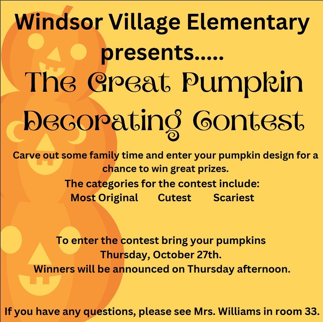 Windsor Village ES (@wv_eagles) on Twitter photo The Great Pumpkin Contest!
Carve out some family time and create your scariest, cutest or most original work to Mrs. Williams by Thursday, October 27th. Good luck and we look forward to seeing all the original works of art! <a href="/HoustonISD/">Houston ISD</a> <a href="/slouis70/">Shantelle Louis</a> The Great Pumpkin Contest!
Carve out some family time and create your scariest, cutest or most original work to Mrs. Williams by Thursday, October 27th. Good luck and we look forward to seeing all the original works of art! <a href="/HoustonISD/">Houston ISD</a> <a href="/slouis70/">Shantelle Louis</a>
