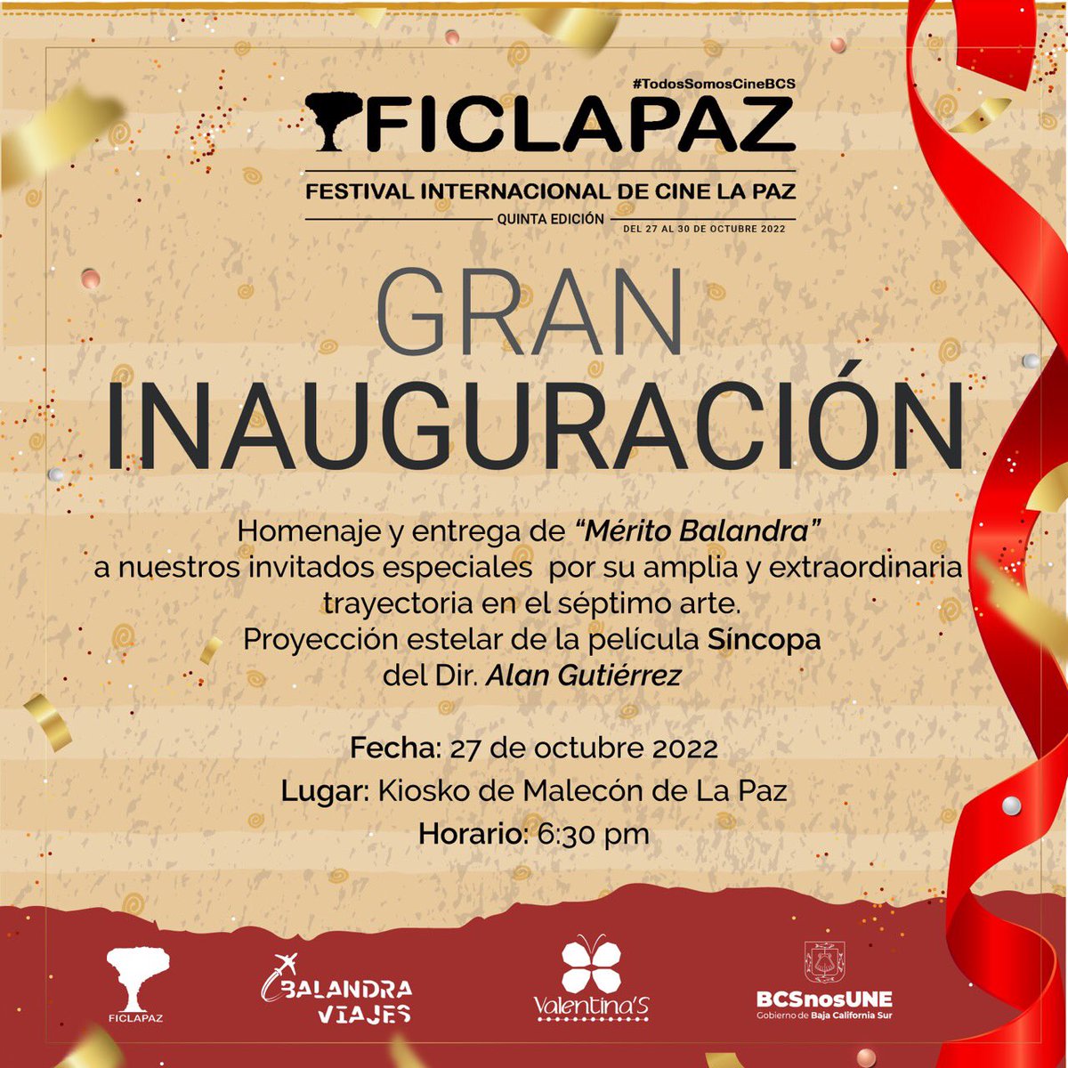 Este próximo 27 de octubre tenemos nuestra gran inauguración en el Kiosko del malecón a las 6:30 pm. Contaremos con la presencia de nuestros invitados especiales y la presentación estelar de la película Síncopa. ¡No te lo puedes perder!

¡Nos vemos del 27 al 30 de octubre!