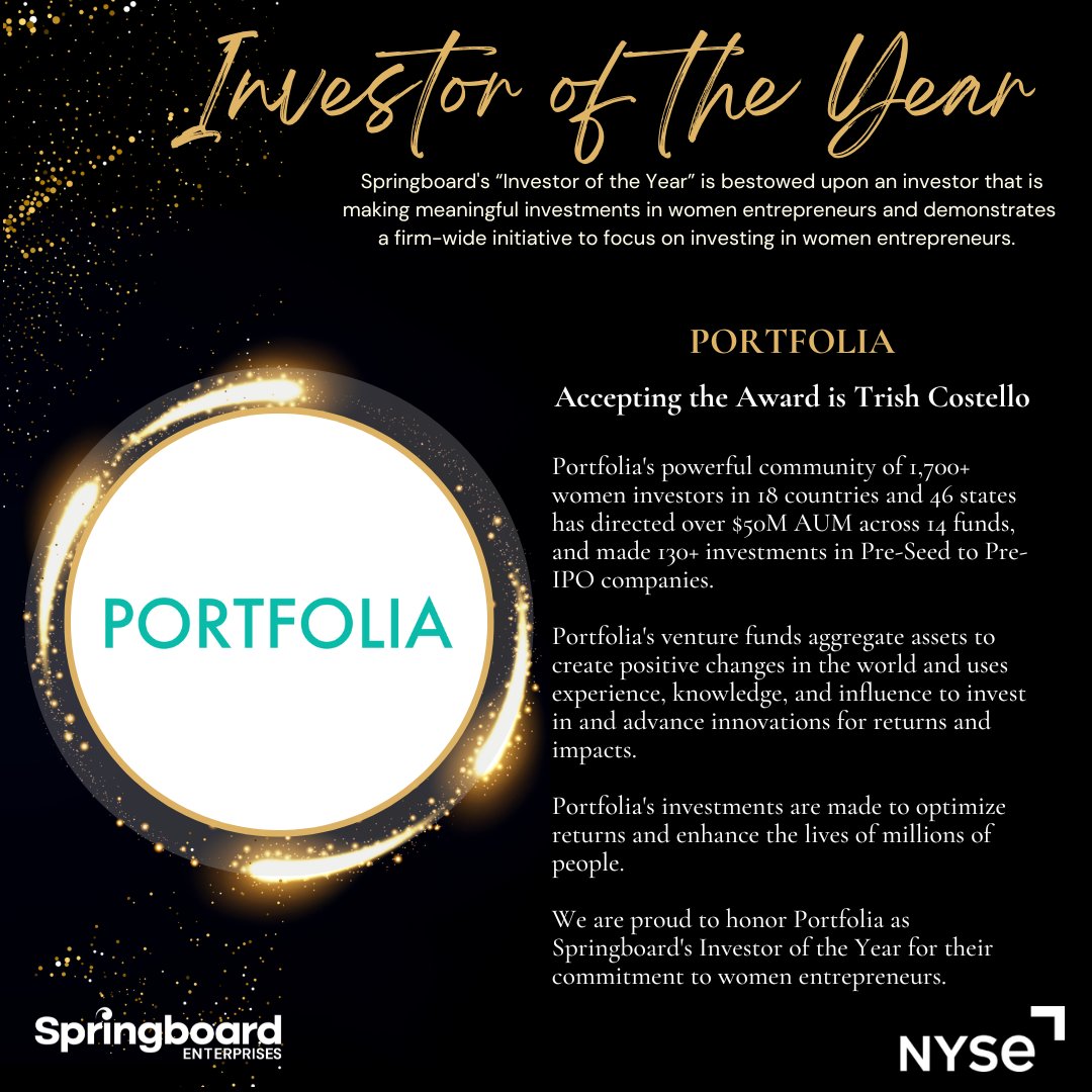 Springboard is proud to honor Portfolia as our Investor of the Year for their commitment to advancing women entrepreneurs!