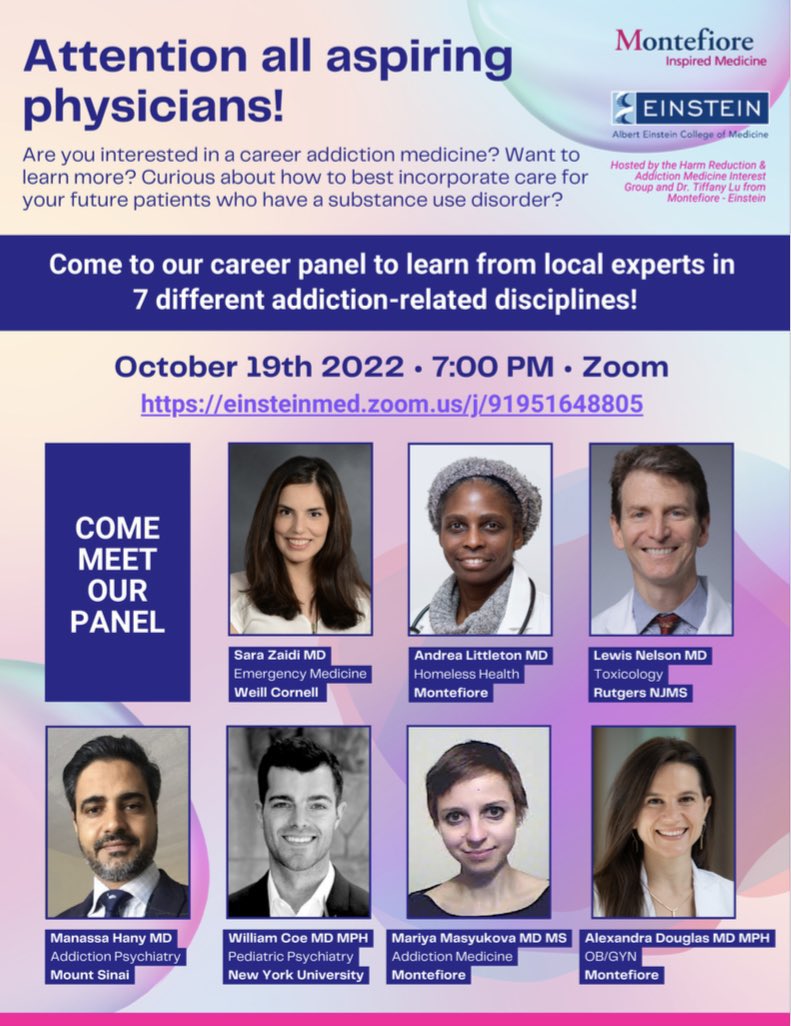 Einstein Harm Reduction Addiction Med (@einsteinhram) on Twitter photo Are you a student interested in working with people with substance use disorders? Come attend our career panel TONIGHT at 7 PM with speakers from 7 different specialities! Hosted by <a href="/TiffanyLuMD/">Dr Tiffany Lu</a> and <a href="/BenvilleJulia/">Julia Benville</a> Link: tiny.one/HRAM-Panel-Zoom Are you a student interested in working with people with substance use disorders? Come attend our career panel TONIGHT at 7 PM with speakers from 7 different specialities! Hosted by <a href="/TiffanyLuMD/">Dr Tiffany Lu</a> and <a href="/BenvilleJulia/">Julia Benville</a> Link: tiny.one/HRAM-Panel-Zoom