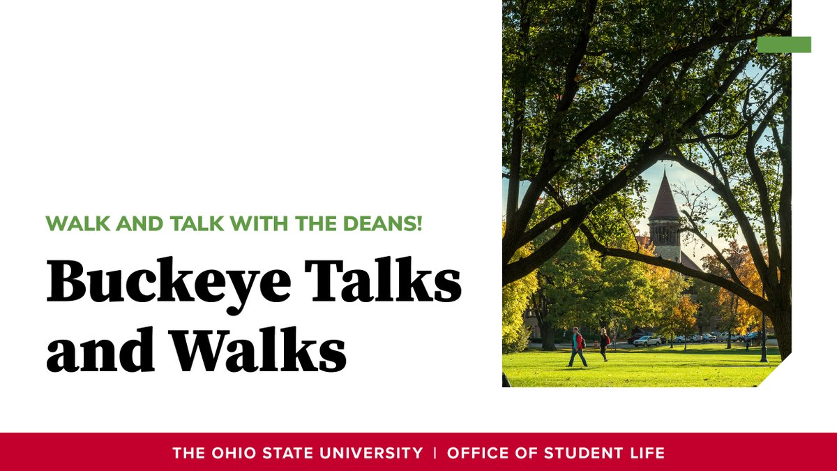 StudentLifeOSU's tweet photo. Join @deandannyg and the Dean of Students team to share your thoughts, experiences and suggestions during Buckeye Talks and Walks. Happening this Friday, 10:30 a.m. to noon! #GetInvolvedOSU
Register here: https://t.co/B9Hbt3d5Mr https://t.co/nrskkACd5N