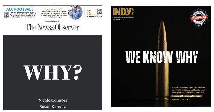 LeighTauss's tweet photo. Sunday’s @newsobserver and today’s @indyweek cover. 
Support print journalism. Pick up your (free!) copy here https://t.co/BMOK5UfweQ https://t.co/u8iRyCebYh