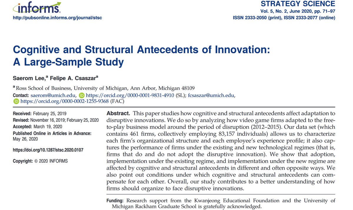 This paper looks at how companies can adjust to disruptive innovations by seeing which video game companies adapted best to the shift to free-to-play.

A surprise: companies with more hierarchy &amp; specialists did much better than those with flat structures. pubsonline.informs.org/doi/abs/10.128…