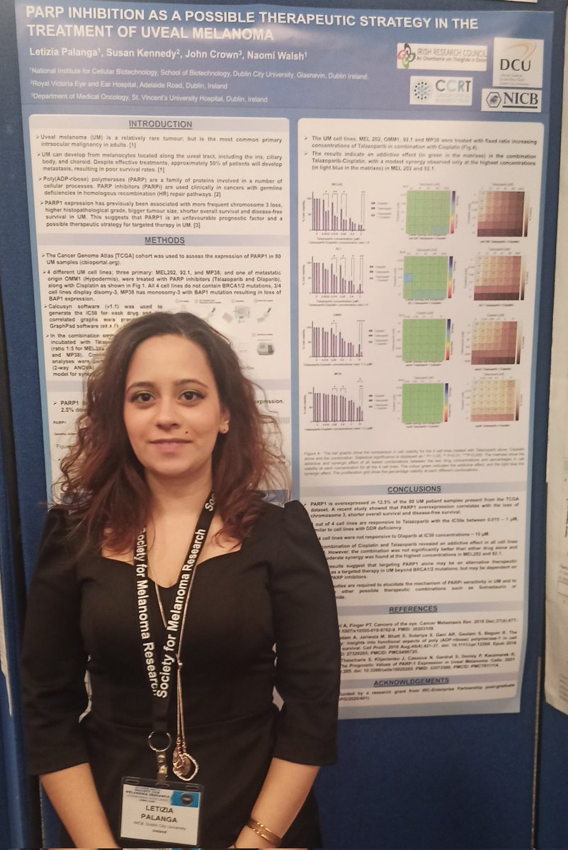 Delighted to present my poster: “Parp inhibition as a possible therapeutic strategy in the treatment of Uveal Melanoma”, at @SocietyMelanoma in Edinburgh. 
Thanks to my PI @naomiwalsh01 and to my funding bodies @IrishResearch @CCRTIreland

#uvealmelanoma #SMR2022