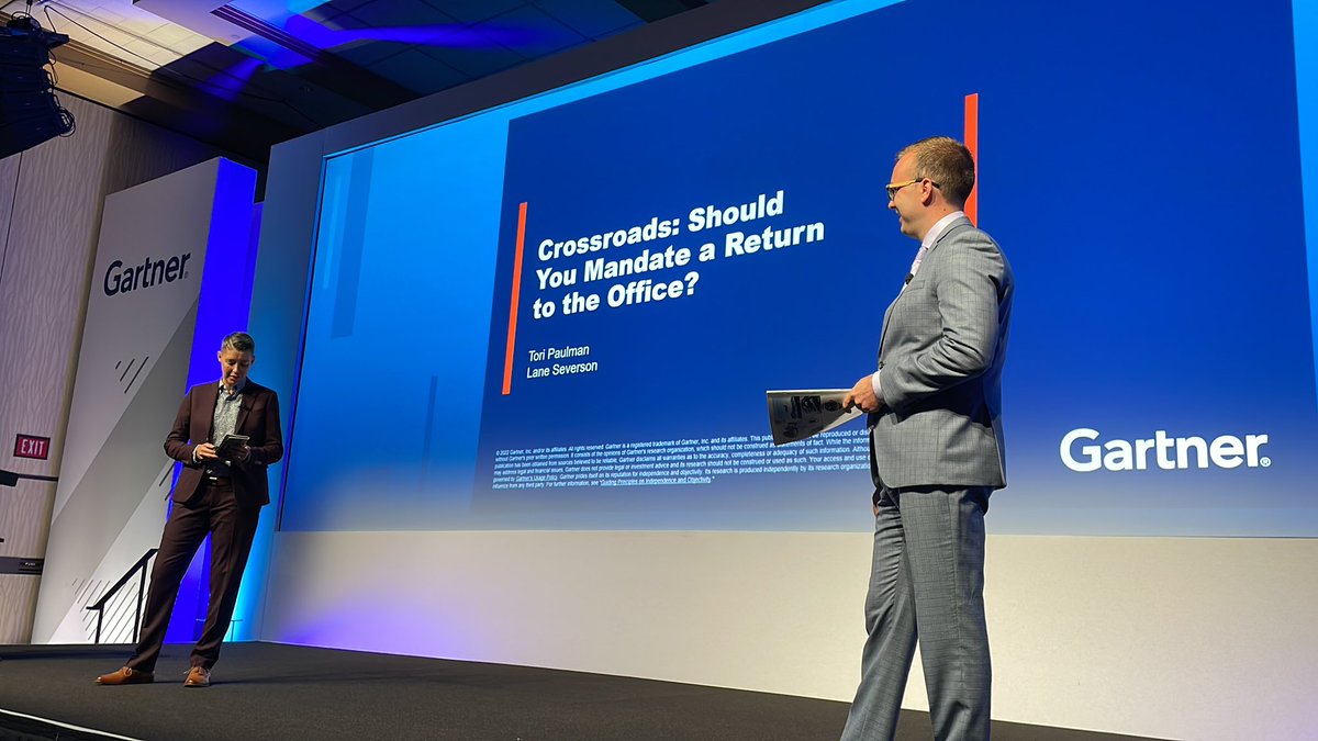 Live from #GartnerSYM | Crossroads: Should You Mandate a Return to the Office? with Gartner Sr Director Analysts Tori Paulman and Lane Severson. Follow along as they consider, discuss and debate two sides of this timely and provocative question.  👇🧵#ReturnToOffice