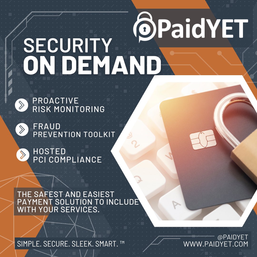 #PaidYET provides the most advanced level of #security, including #PCI Level 1 Certification and built-in tools to help fight fraud: #Fraud checks, blockers, queuing, scoring, velocity checks, universal tokens, and more!

Visit paidyet.com to get started. 
👨‍💻💵💳🔐📈