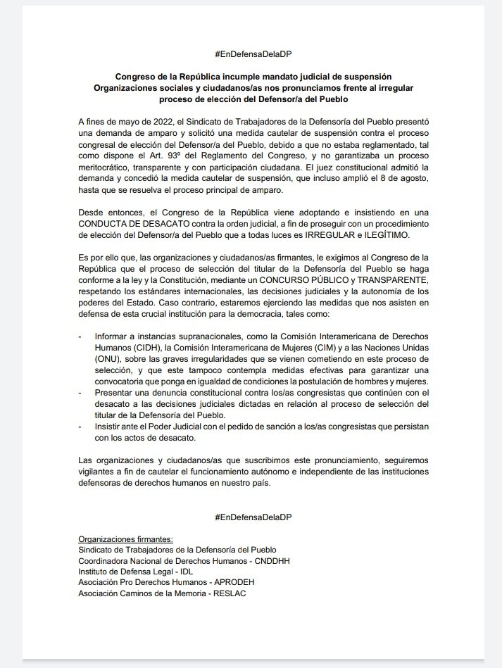 SindicatoDP's tweet photo. Diversas organizaciones sociales y colectivos le exigen a @congresoperu q realice un concurso público y transparente para la elección del titular de la @Defensoria_Peru https://t.co/UX2pQOJgAe