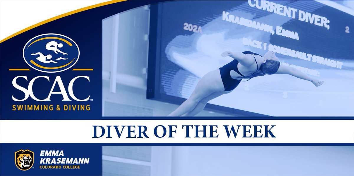 SCAC_Sports's tweet photo. For the SECOND time in her career Emma Krasemann of @CCTigers selected as #SCACWSwim Diver of the Week! 

📰 | https://t.co/qPCEzxqlQe

#SCACPride| #d3swimming https://t.co/PzfHR4OaiA