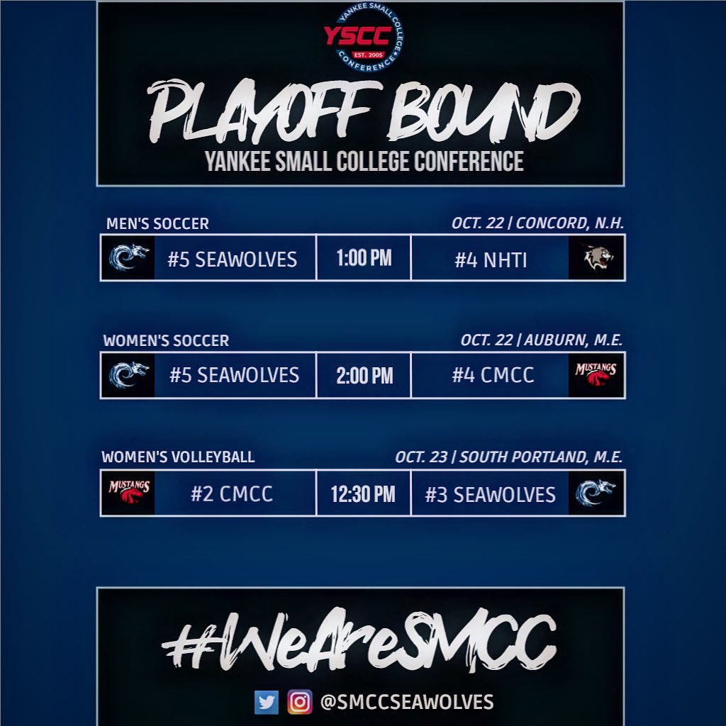 SMCC Seawolves (@smccseawolves) on Twitter photo 😤 PLAYOFF BOUND!
.
All fall sports programs are in <a href="/YSCC8/">Yankee Conference</a> playoff action this weekend! #WeAreSMCC #GoSeawolves
Oct. 22 <a href="/seawolvesmsoc/">SMCC Men's Soccer</a> 🆚 NHTI
Oct. 22 <a href="/seawolveswsoc/">SMCC Women's Soccer</a> 🆚 CMCC
Oct. 23 <a href="/seawolveswvball/">seawolveswvball</a> 🆚 CMCC
.
📺 Visit the schedule page at gosmccseawolves.com to WATCH LIVE! 😤 PLAYOFF BOUND!
.
All fall sports programs are in <a href="/YSCC8/">Yankee Conference</a> playoff action this weekend! #WeAreSMCC #GoSeawolves
Oct. 22 <a href="/seawolvesmsoc/">SMCC Men's Soccer</a> 🆚 NHTI
Oct. 22 <a href="/seawolveswsoc/">SMCC Women's Soccer</a> 🆚 CMCC
Oct. 23 <a href="/seawolveswvball/">seawolveswvball</a> 🆚 CMCC
.
📺 Visit the schedule page at gosmccseawolves.com to WATCH LIVE!