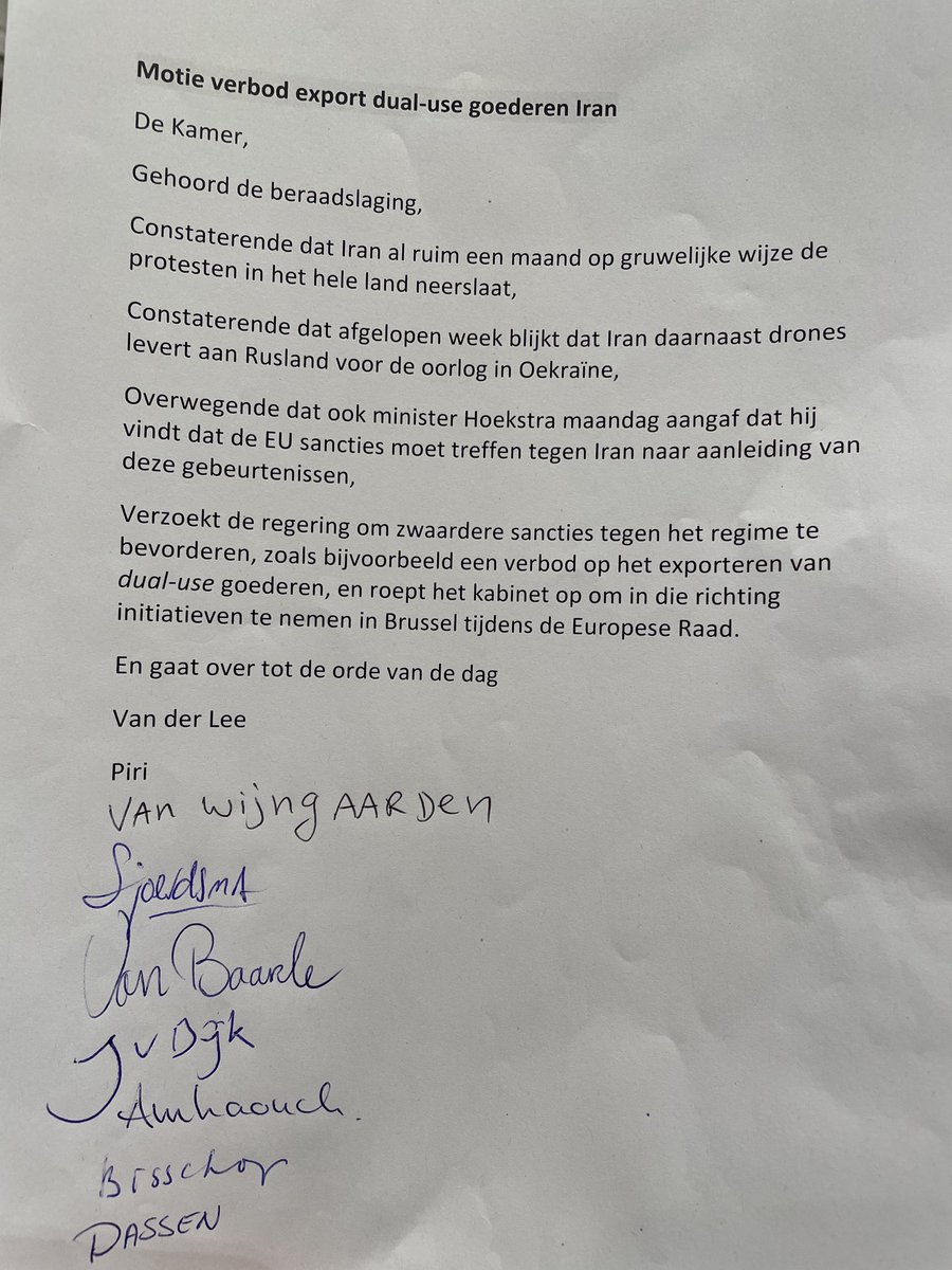 Tijdens het debat over de Europese Top met ⁦<a href="/MinPres/">Dick Schoof</a>⁩ Mark Rutte diende ik deze motie over zwaardere sancties tegen Iran in.

Met brede steun vanuit oppositie &amp; coalitie wil de Kamer Iran bestraffen voor wrede onderdrukking in eigen land én ‘t leveren van drones aan Putin!