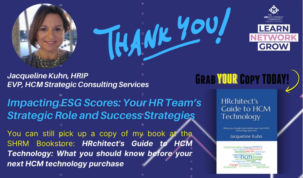 HRchitectNews's tweet photo. THANK YOU @HRSouthwest for a great event & to all who attended Jacqueline Kuhn's session on 10/18!
📖Grab a copy of her book: HCM Technology: What you should know before your next HCM technology purchase
https://t.co/B1MRgDlk9A
#DallasHR #Texas #HRtech #ESG #HRCommunity https://t.co/W4zTevubvv
