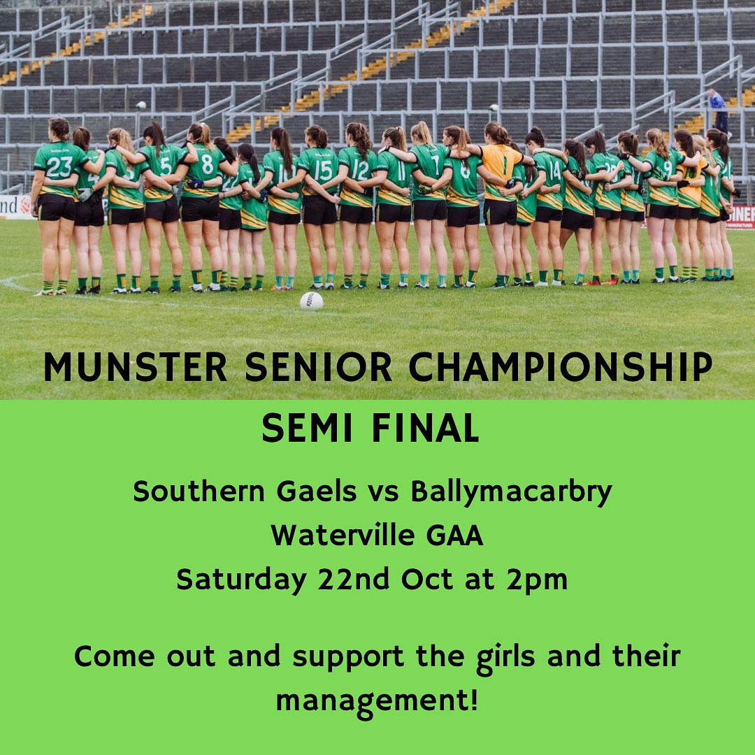 3 days to go until our Seniors take on Ballymacarbry in the Munster Senior Championship semi final. It’s a massive fixture so we hope that everyone can make a big effort to come out in their green and gold and support the girls and management in Waterville at 2pm on Saturday!