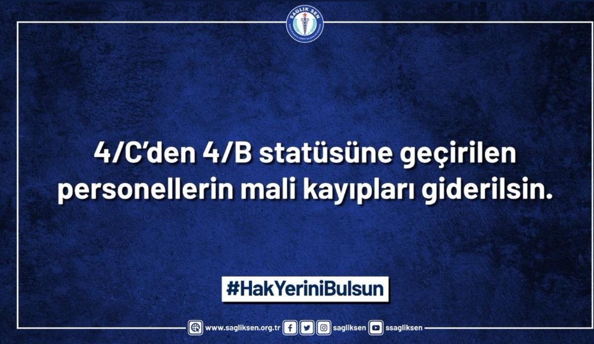 #HakYeriniBulsun
4/C’den 4/B statüsüne geçirilen personellerin mali kayıpları giderilsin.