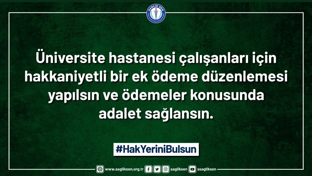 #HakYeriniBulsun
Üniversite hastanesi çalışanları için hakkaniyetli bir ek ödeme düzenlemesi yapılsın ve ödemeler konusunda adalet sağlansın.