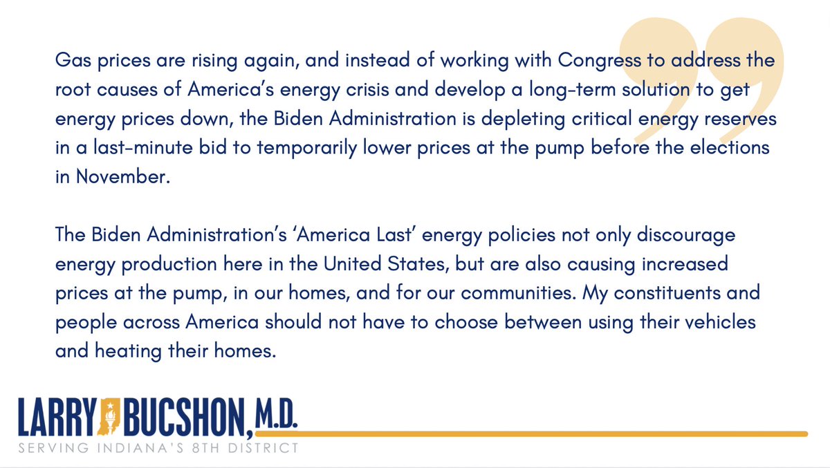 TODAY: President Biden announced his plan to sell another 15 million barrels of oil from the Strategic Petroleum Reserve in a bid to dampen fuel prices ahead of next month’s elections. More here: bucshon.house.gov/news/documents…