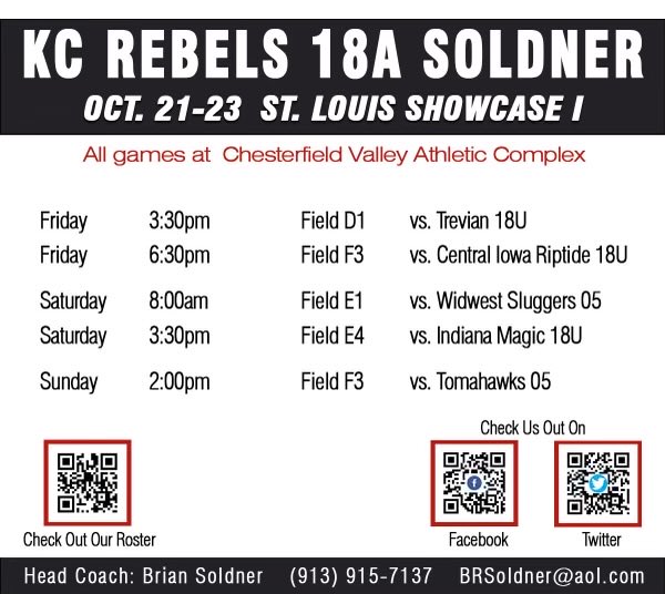 KC Rebels 18A Soldner schedule this weekend in St. Louis. ⁦<a href="/ETSUSoftball/">ETSU Softball</a>⁩ ⁦<a href="/MSUEaglesSB/">Morehead State Softball</a>⁩ ⁦<a href="/EIU_Softball/">Eastern Illinois Softball</a>⁩ ⁦<a href="/EOSC_Softball/">Eastern OK Softball</a>⁩ ⁦<a href="/AlabamaSB/">Alabama Softball</a>⁩ ⁦<a href="/AggieSoftball/">Texas A&M Softball</a>⁩ ⁦<a href="/AuburnSoftball/">Auburn Softball</a>⁩ ⁦⁦<a href="/BaylorSoftball/">Baylor Softball</a>⁩ ⁦<a href="/BadgerSoftball/">Wisconsin Softball</a>⁩