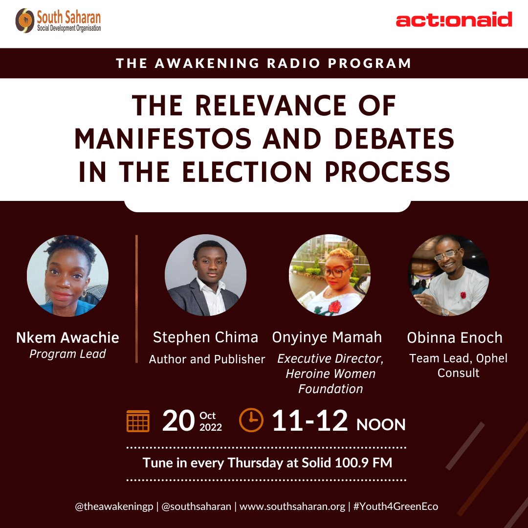 Debates among competing electoral candidates have become a campaign centerpiece in elections worldwide. However, this is not the case in Nigeria. 

Join us this week as we dissect and provide answers. 

Powered by <a href="/ActionAidNG/">ActionAid Nigeria</a> &amp; <a href="/southsaharan/">South Saharan Social Development Organization</a>

#TheAwakening
#Youth4GreenEco
