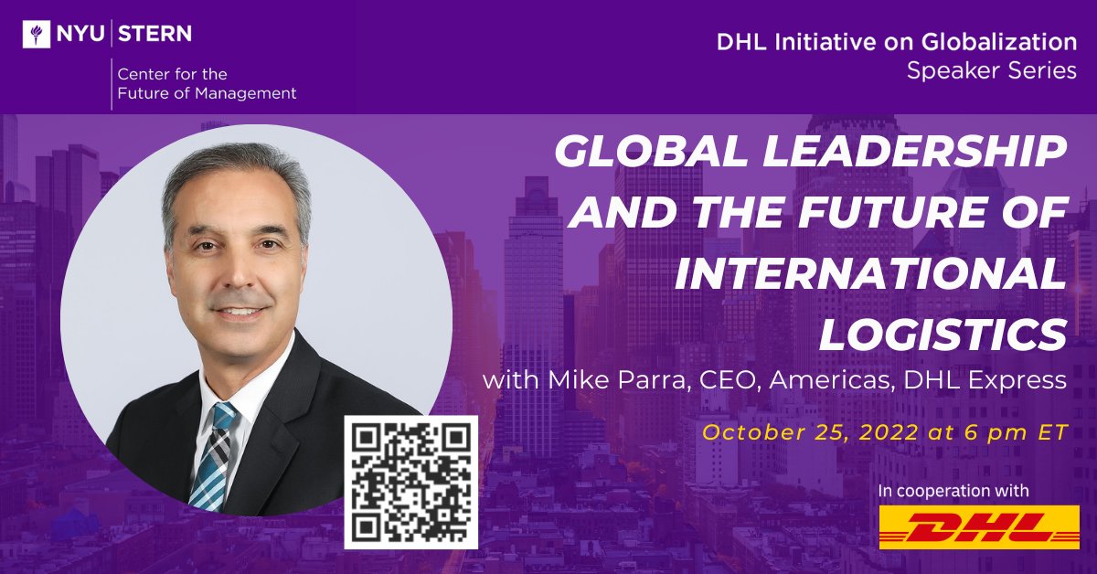 DHL Express Americas CEO Mike Parra joins NYU Stern's Steven Altman for a virtual 'fireside chat' on Global Leadership & the Future of International Logistics! 🌎 Scan the QR code or click the link to register! ➡️ dhl.gl/3MGKbv2 #SpeakerSeries #Globalization