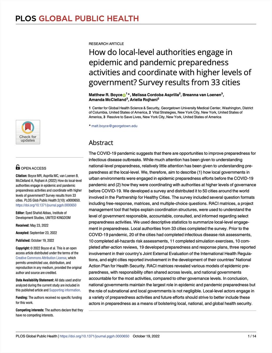New article out in @PLOSGPH investigating how local authorities in #cities and #urban areas around the world engaged in #publichealth #preparedness before the COVID-19 pandemic and how efforts were coordinated with higher levels of govt Read full ➡️ dx.plos.org/10.1371/journa…