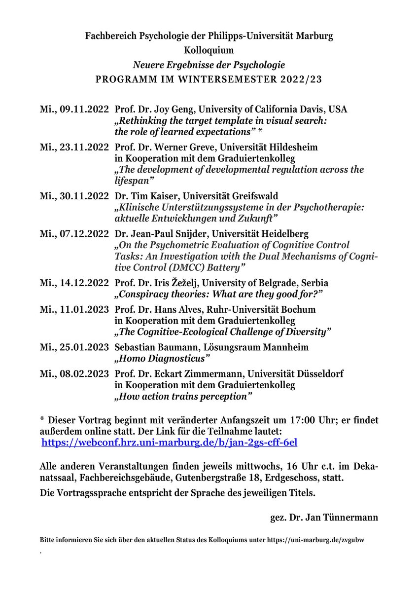 Jan Tünnermann (@tuennermann) on Twitter photo Happy to announce this terms Colloquium of the Psych Dept. <a href="/Uni_MR/">Philipps-Universität</a> \w exiting talks by <a href="/JoyJGeng/">JoyJGeng @joyjgeng.bsky.social</a>, W.Greve, T.Kaiser, <a href="/jpsnijder/">Jean-Paul Snijder</a>, I.Žeželj, H.Alves, S.Baumann & E.Zimmermann
Stop by if you are in the MR area & 1. talk virtual!
CC <a href="/rtg2271/">RTG Breaking Expectations</a> <a href="/clinicalpsymr/">Clinical Psychology Marburg</a> <a href="/thcs_marburg/">THCS group Marburg || @THCSMarburg@hessen.social</a> <a href="/AgSozPsyMR/">Social Psychology Marburg</a> Happy to announce this terms Colloquium of the Psych Dept. <a href="/Uni_MR/">Philipps-Universität</a> \w exiting talks by <a href="/JoyJGeng/">JoyJGeng @joyjgeng.bsky.social</a>, W.Greve, T.Kaiser, <a href="/jpsnijder/">Jean-Paul Snijder</a>, I.Žeželj, H.Alves, S.Baumann & E.Zimmermann
Stop by if you are in the MR area & 1. talk virtual!
CC <a href="/rtg2271/">RTG Breaking Expectations</a> <a href="/clinicalpsymr/">Clinical Psychology Marburg</a> <a href="/thcs_marburg/">THCS group Marburg || @THCSMarburg@hessen.social</a> <a href="/AgSozPsyMR/">Social Psychology Marburg</a>