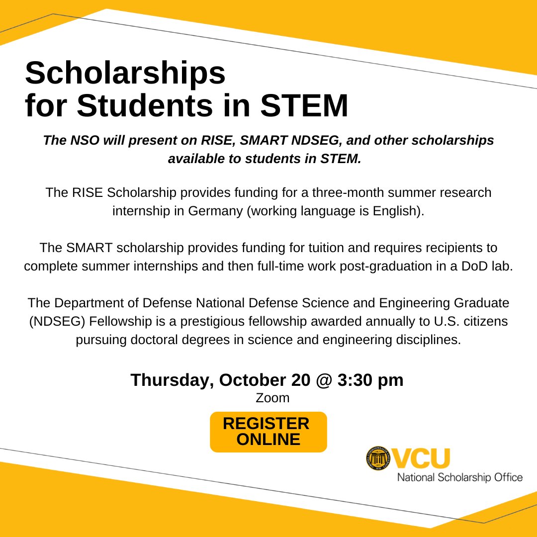 There is still time to register for tomorrow's information session!

Learn more about RISE scholarships, SMART scholarships, and NDSEG fellowships. 

docs.google.com/forms/d/e/1FAI…