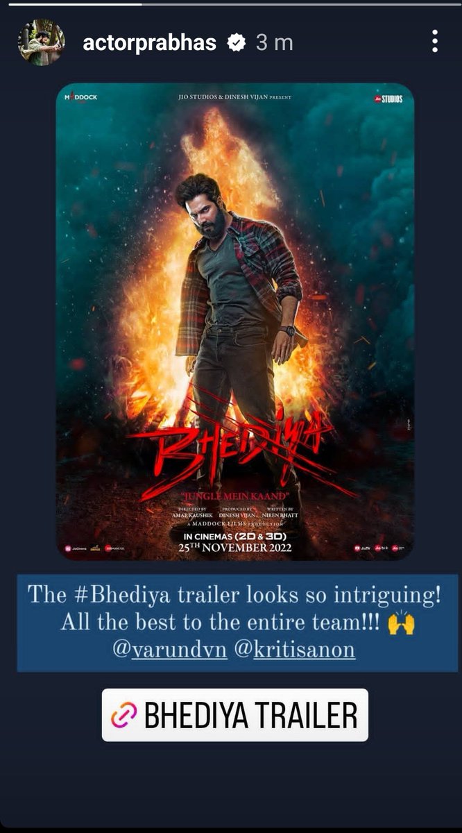.#Prabhas showered his support for #BhediyaTrailer 
@kritisanon @Varun_dvn 
'The #Bhediya trailer Looks so intriguing !
All the best to the entire team !!! 🙌🏻'
@MaddockFilms